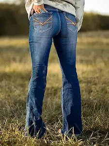 Womens Plus Size Distressed Washed Blue Denim Bootcut Jeans, Embroidered Back Pockets, High Waist, Revival Jeans for Womenswear Bottom Streetwear Trouser Pants