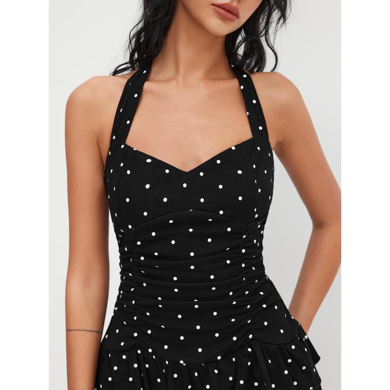 Cider Cotton-blend Halter Neckline Polka Dot Ruched Layered Mini Dress