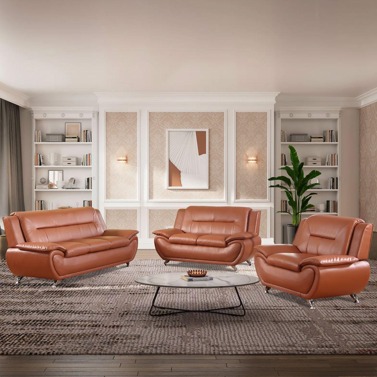 3-Piece Bright Bronze PU Leather Sofa Set, Indoor Living Room Furniture Couch
