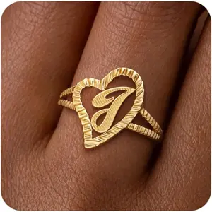 Exquisite 14K Gold-Plated Initial Ring, Vintage Heart-Shaped Letter Statement Thumb Ring