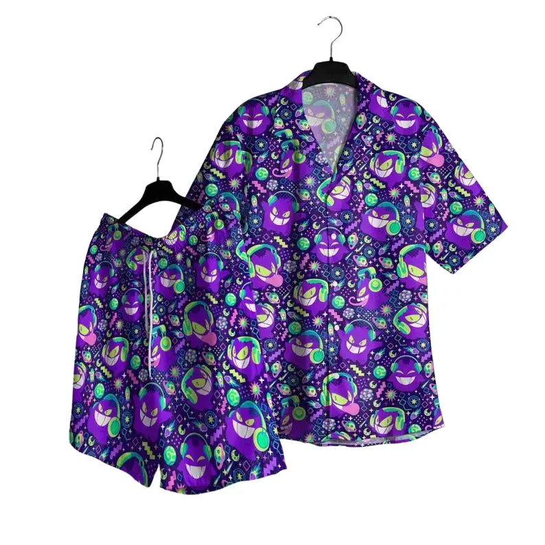 Spooky Ghost Music PKM Hawaiian Shirt Neon DJ Anime Summer Beachwear For All Ages Matching Family Outfits Vibrant Gengar Haunter Graphic Short Sleeve Button Down Top Party Vacation Blouse Lightweight Breathable Camp Clothes Creative Video Game Gifts