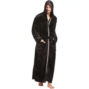 Mens Robes Big and Tall with Hood Two-Tone Flannel Fleece Contrast Bathrobe Full Length Plush Long House Coat
