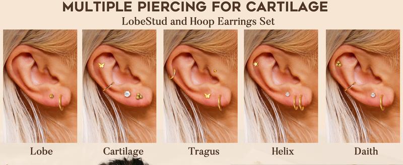 ORAZIO Small Flat Back Earrings Push in Studs for Women Men Hypoallergenic 14K Gold Plated Surgical Steel Threadless Hoop Cartilage Set for Multiple Piercings
