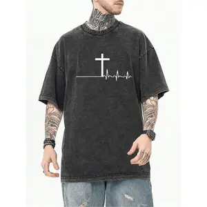 Men's Vintage Graphic T-Shirt with Cross Print and Distressed Details Soft Breathable Loose Fit Casual Streetwear Style Short Sleeve Round Neck All Season Comfort
