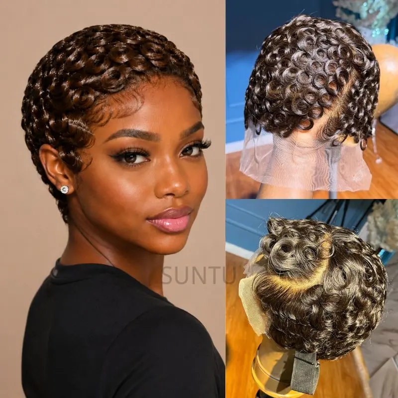 [HOT] SUNTUHAIR 13x4 HD Lace Pixie Cut Wigs Human Hair for Black Women Short Pin Curls Finger Wave Wig 13x4 Lace Frontal Short wig Lightweight Pre-Plucked Brazilian Virgin Human Hair Layered Pixie Wig