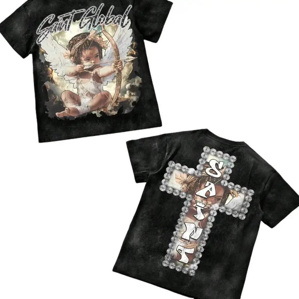 T - Shirt Combining Faith And Fashion: Cherub Print T Printed 230g Washed Care Label Unisex Acid - Washed Cotton Printed Vintage  Neck  Machine - Washable, Casual Summer Outfit, Men's Loose Fit backtoschool Breathable Menswear