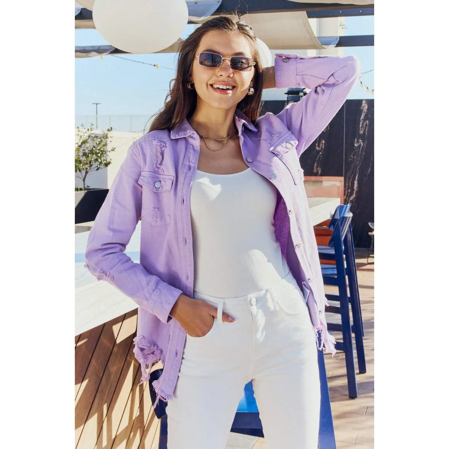 American Bazi Full Size Distressed Button Down Denim Jacket in Lavender