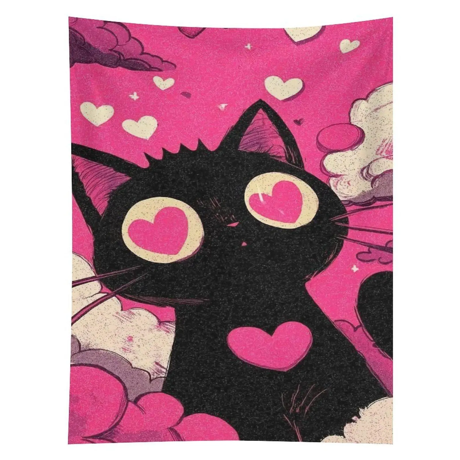Black Cat Heart Eyes Tapestry Pink Kawaii Love Kitty Wall Hanging Decor