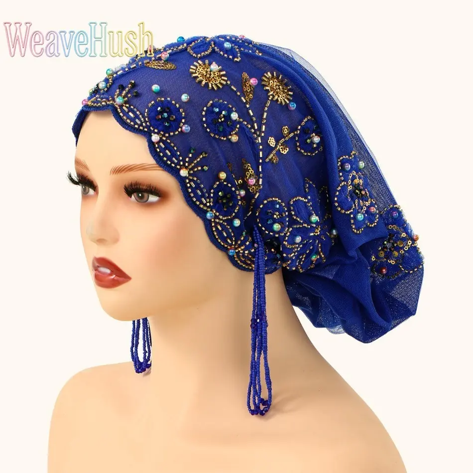 Women's Handmade Wide-Brim Sun Hat with Lace Mesh, Fishtail Tassel & Beaded Decor for Beach Vacation, Outdoor Boho Outfits