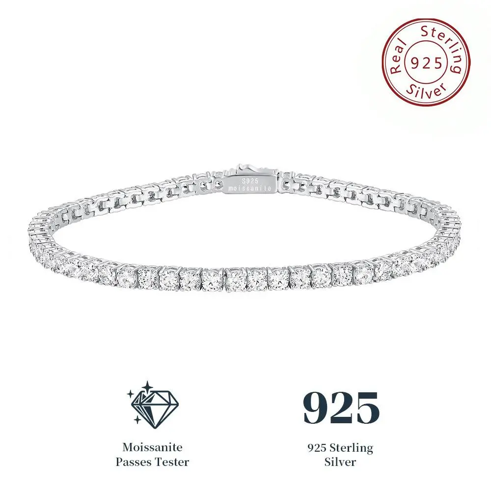 Women's Unisex 925 Sterling Silver Tennis Bracelet, 3mm Luxury Light Moissanite Jewelry, Spring Buckle, Tester Passed