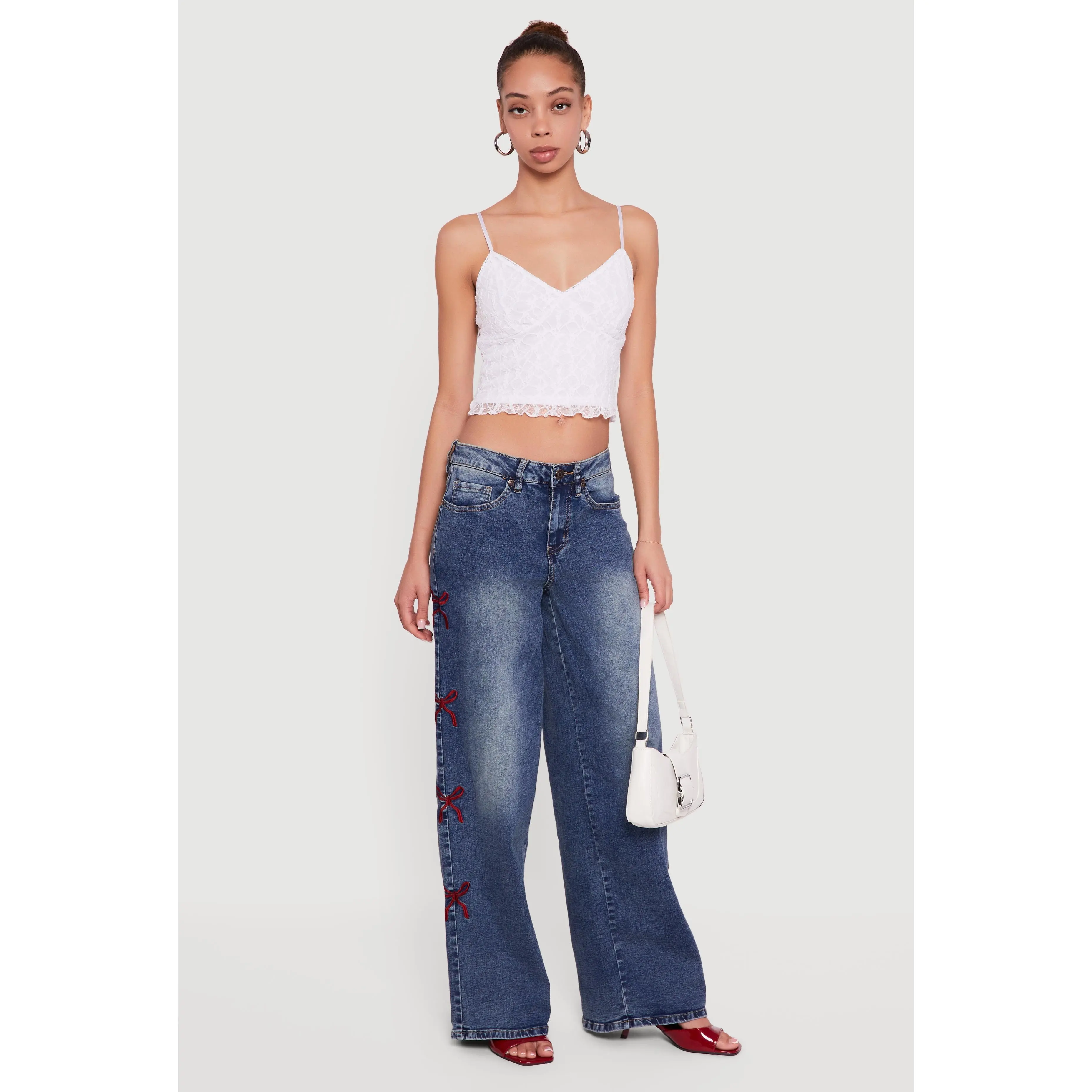 Mineral Wash Embroidered Bow Side Jeans