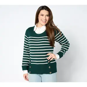 Joan Rivers Striped Sweater With Woven Collar And Cuffs Joan Rivers Striped Sweater With Woven Collar And Cuffs