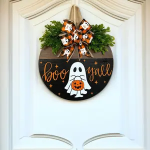 Cartoon Hanging Decoration, 1 Count Round Wooden Hanging Ornament, Ghost Pattern Front Door Decoration, Party Decoration for Home