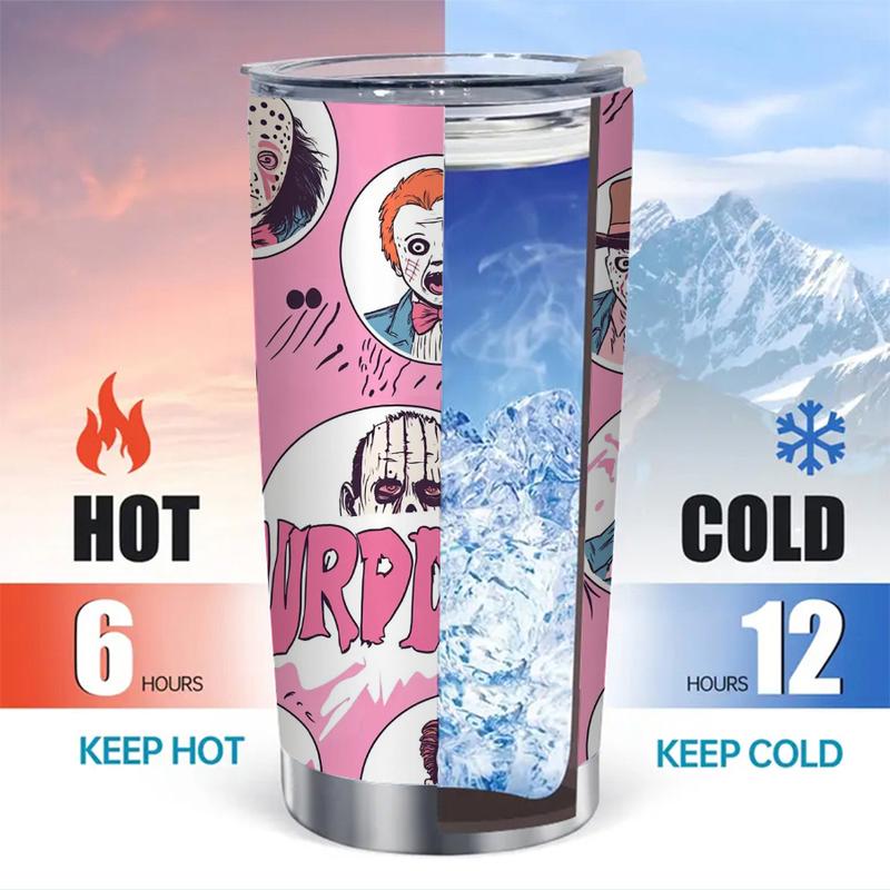 Sinister Clown Gang Tumbler - 20oz Insulated Mug with Pennywise-Inspired Horror Crew Artwork, Blood Splatter Background for True Horror Fans