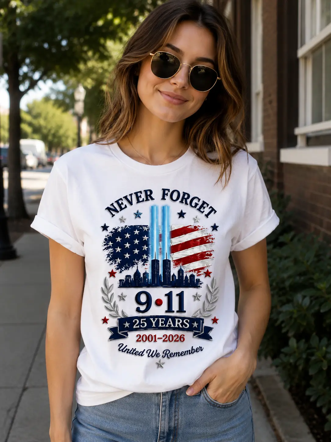 Never Forget 9/11 25 Years Memorial T-Shirt, United We Remember Patriotic Graphic Tee, September 11 Tribute Shirt, American Patriot Gifts