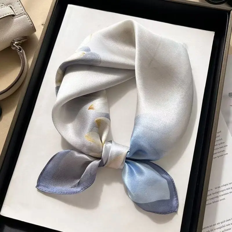 Women's Elegant Watercolor Lotus Floral Square Scarf - 100% Polyester Satin Silk-Feeling Fabric Neckerchiefs, Dual-Use Cross/Bandana Headwrap Neck Scarf, Blooming Floral Accessory, Floral Cross Neckerchiefs