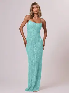 Sequin Knit Strappy Fitted Maxi Dress Ibiza Outfit Holiday Spring Summer Vacation Beach Wedding Guest Elegant Date Night Fall Fall Long Dress Graduation Prom