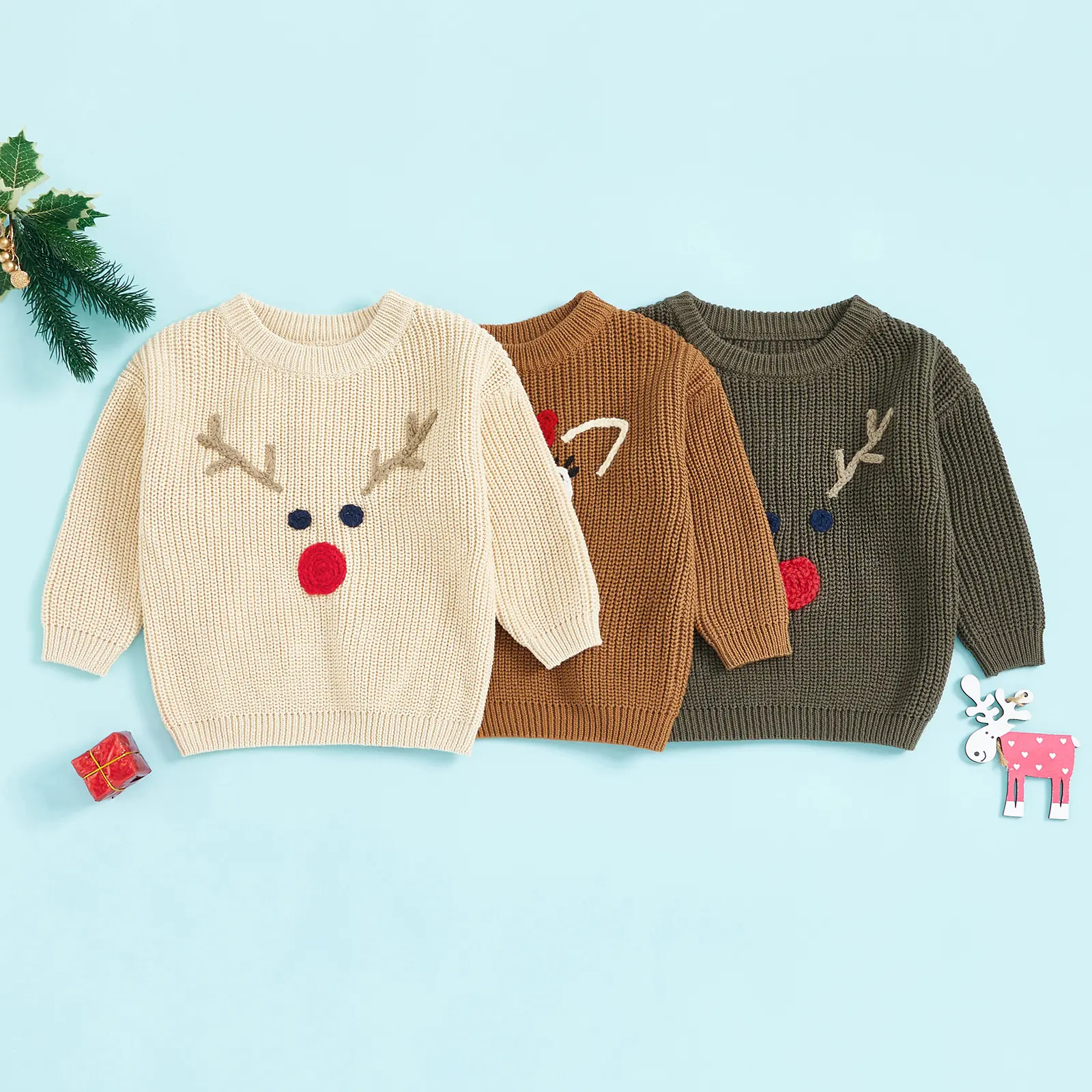 Meihuida Toddler Baby Girl Boy Christmas Outfit Long Sleeve Reindeer Elk Embroidery Knit Sweater Fall Winter Xmas Clothes