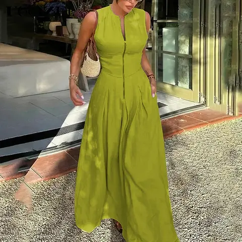 UOOZEE Women's Minimalist Elegant Loose A-Line Polyester Blend Sundress - Sleeveless, Round Neck, Pleated Flow, Pockets, Zipper Slit, Zipper Closure Makes Dressing Simple, Sleeveless Freedom, Comfortable Fit, Women's Fashion Casual Dress