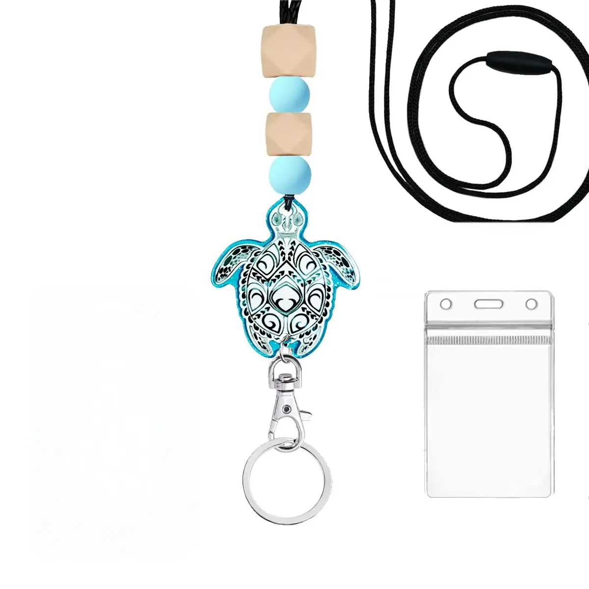 Blue Turtle Teacher Lanyard with ID Keychain, Cute Silicone Bead Chain, Vertical Card Protector, Office Travel Shopping Party Accessory