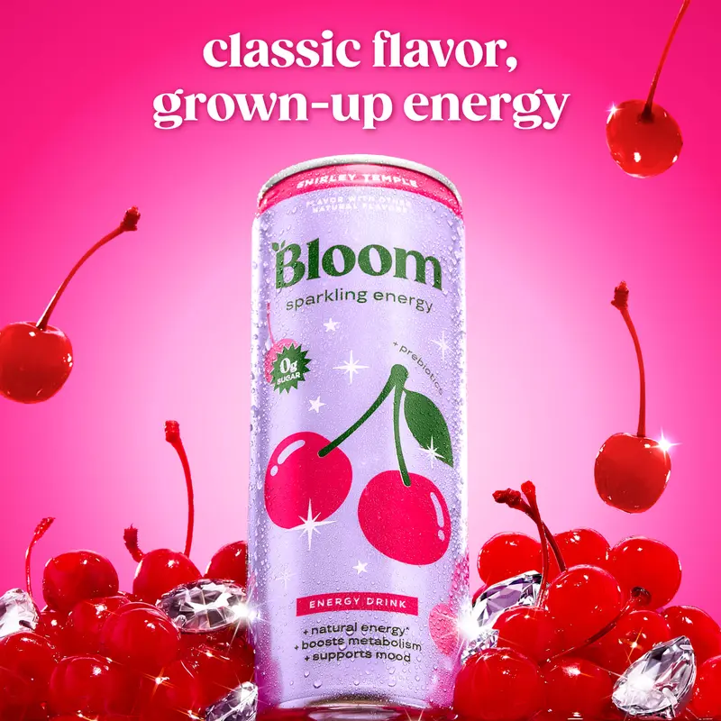 NEW - Bloom Sparkling Energy Drink - Shirley Temple - Natural Caffeine, Zero Sugar, 180mg Caffeine - Antioxidant-Rich with Green Coffee Bean, Green Tea Extract, Prebiotics, 12oz 12 Pack