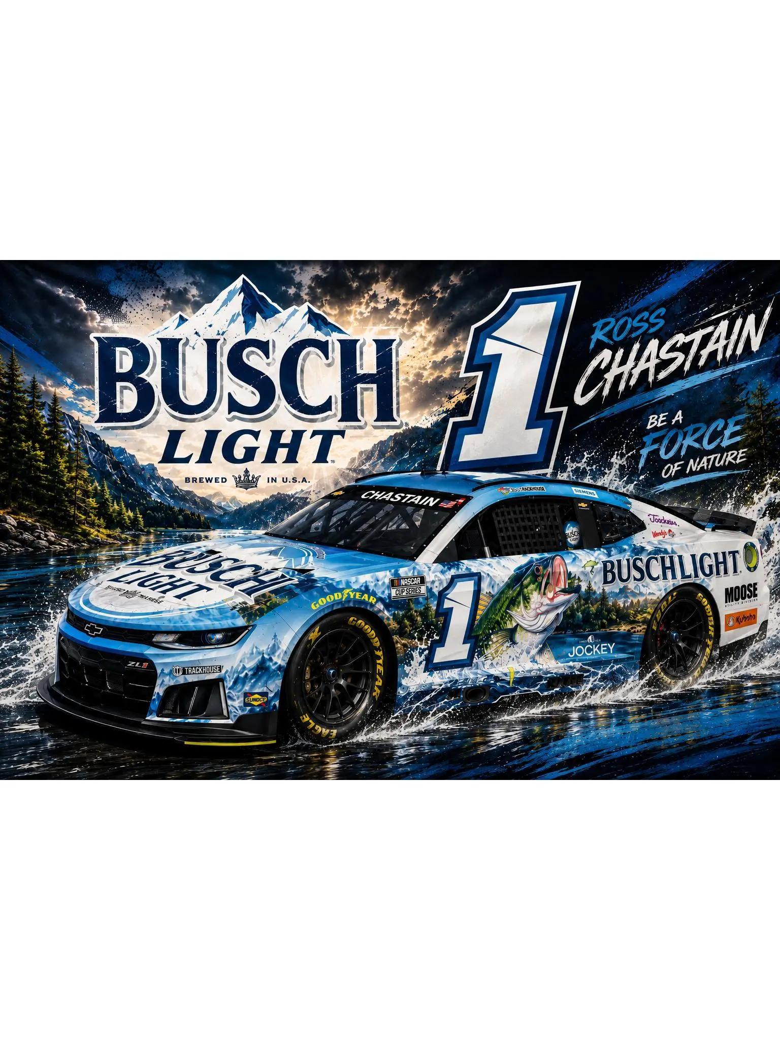 Busch Light Inspired Ross Chastain No.1 Racing Flag, Fishing Car Tapestry, NASCAR Style Garage Wall Decor, Man Cave Gift for Race Fans