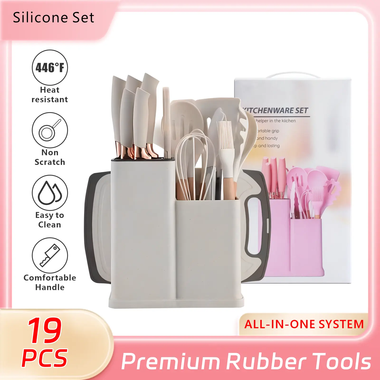 Love atFirst Find19-Piece Kitchen Knife Set with Heat-Resistant Silicone Cutlery & Wooden Handles - Includes Chef Knife, Non-Stick Compatible Tools, Easy to Clean - Ideal Gift for Women on New Year, Valentine's Day and More Cookware Kitchenware White Pink