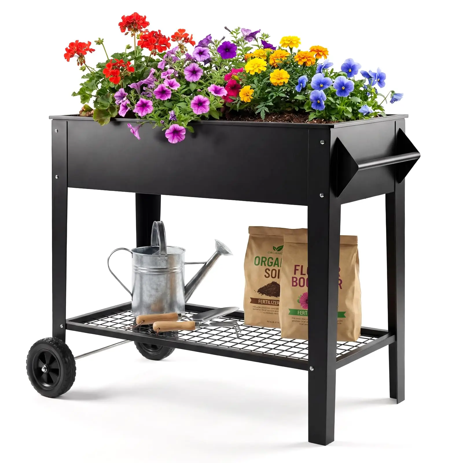 39-Inch Raised Garden Bed with Rolling Wheels & Storage Shelf, Anti-Rust Steel Rustproof Planter Box for Vegetables & Herbs, 400 lbs Capacity, Space-Saving Outdoor Furniture for Patio & Balcony