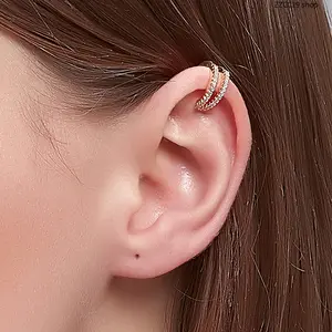 Unisex Double Row Cubic Zirconia Ear Cuff Non Piercing – 14K Gold Plated C-Shaped Clip On Earrings | Hypoallergenic Copper Fake Cartilage Piercing Jewelry