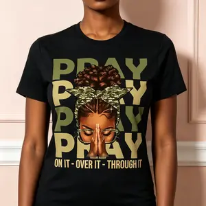 "Pray On It Pray Over It Afro" Graphic T-Shirt - Christian Black Woman Faith Statement Top - Inspirational Spiritual Culture Aesthetic Apparel - Comfortable Short Sleeve Graphic Shirt - Unique Professional Detail Crew Neck Tee