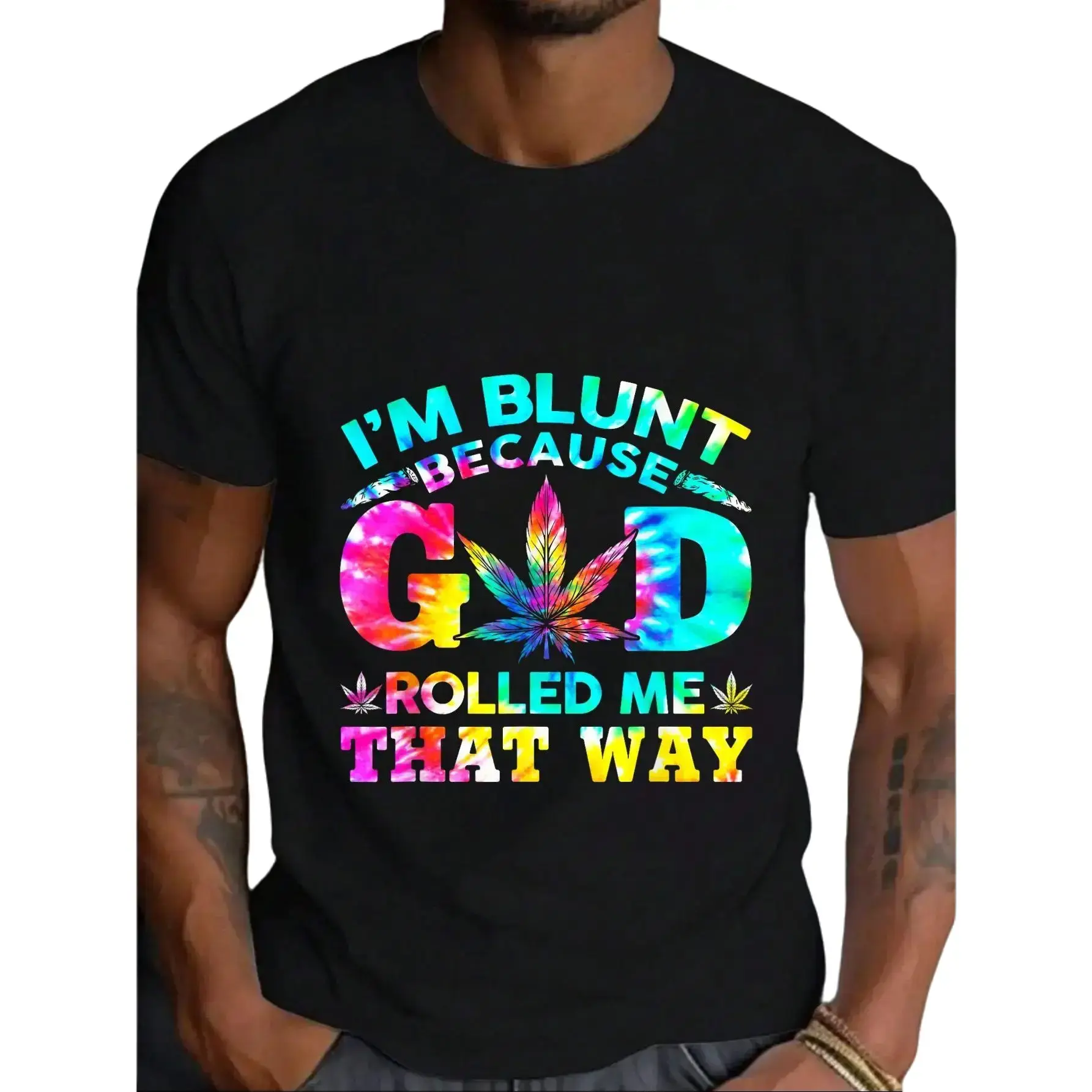 Menswear Vintage Distressed Cotton T-Shirt - "I'm Blunt Because God Rolled Me That Way" Tie Dye Cannabis Leaf Graphic, 420 Funny Retro Stoner Streetwear Short Sleeve Top, New Year Gift