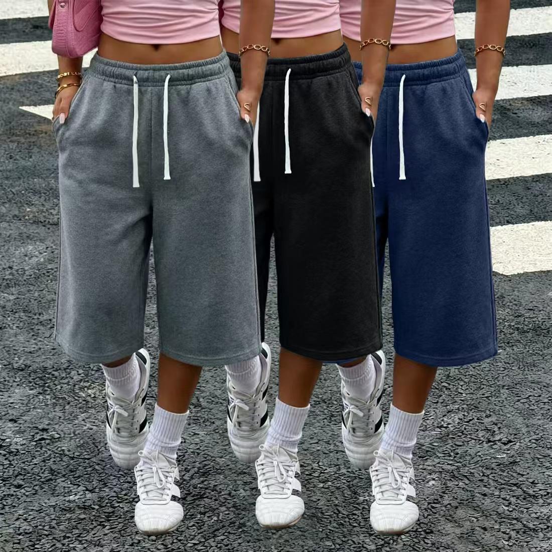 Women’s 1–3-pack solid-color three-quarter wide-leg loose pants — with pockets, elastic waistband, lightweight fleece fabric, summer casual basic pants — without pockets