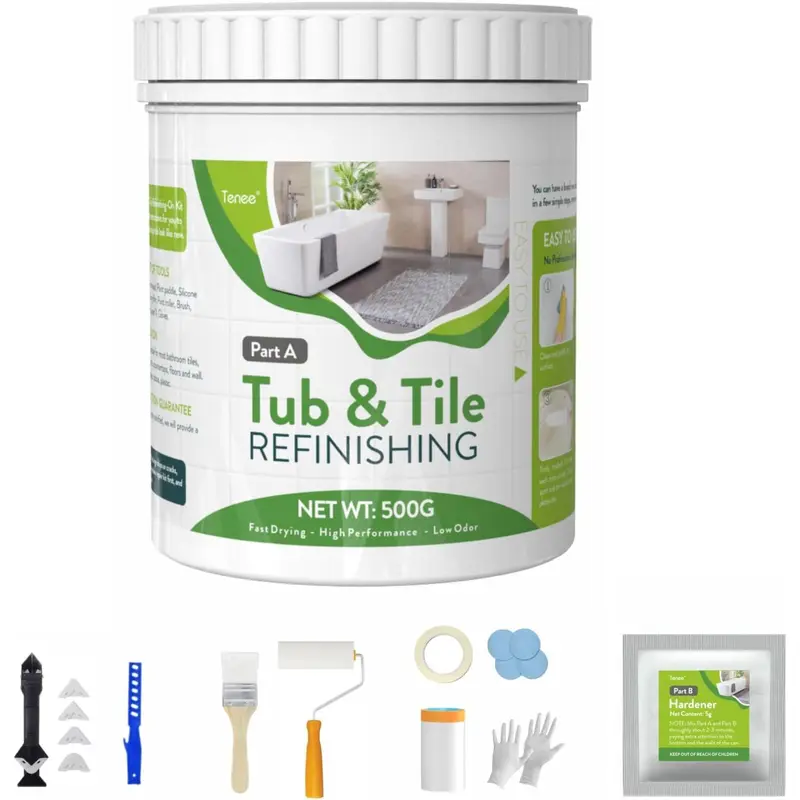 17oz White Tub and Tile Refinishing Kit with 8 Tools, Semi-Gloss Tub and Tile Paint for Bathroom, Low Odor Bathtub Refinishing Kit for Fiberglass, Kitchen, Shower, Sink