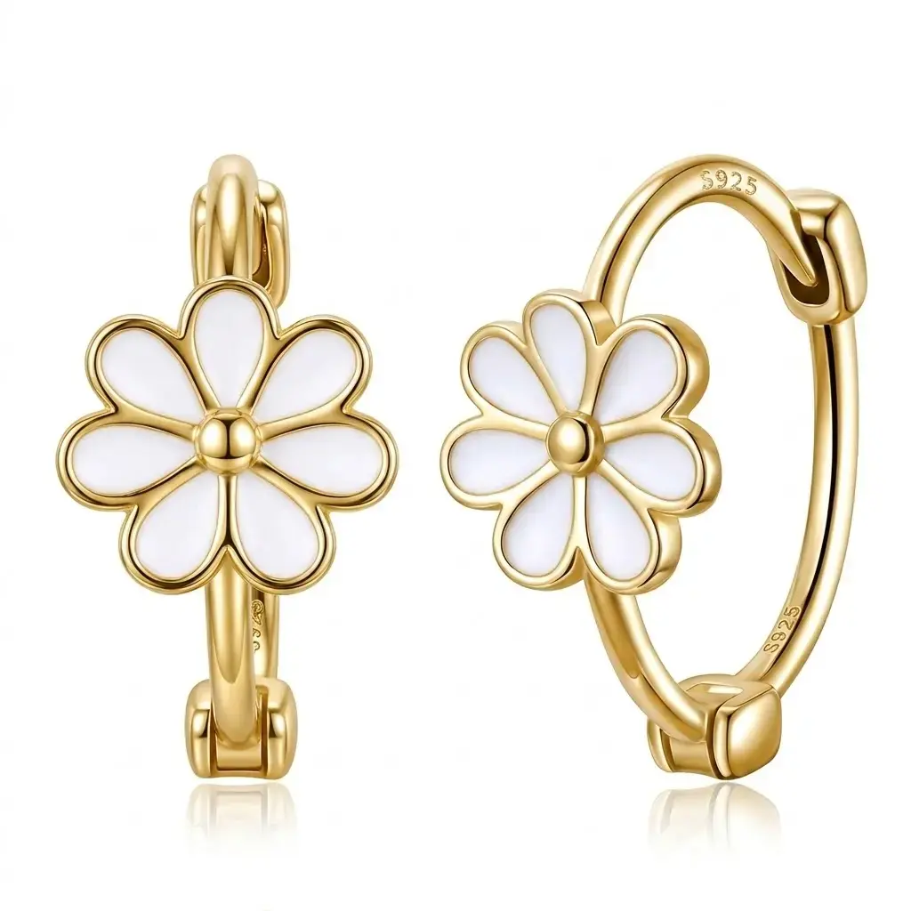Exquisite Small Daisy Flower Hoop Earrings for Women - Genuine S925 Sterling Silver, 18K Gold Plated, Hypoallergenic White Enamel, Small Hinge Style (0.6cm Flower, 1.2cm Dia),summerwins