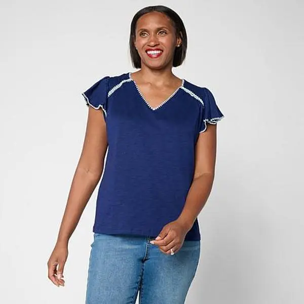 DG2 by Diane Gilman Cotton Modal Slub Flutter Sleeve Top DG2 by Diane Gilman Cotton Modal Slub Flutter Sleeve Top