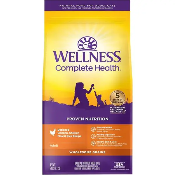 Wellness Complete Health Adult Dry Cat Food, Natural, Wholesome Grains Kibble, Chicken Recipe, 5 lb Bag