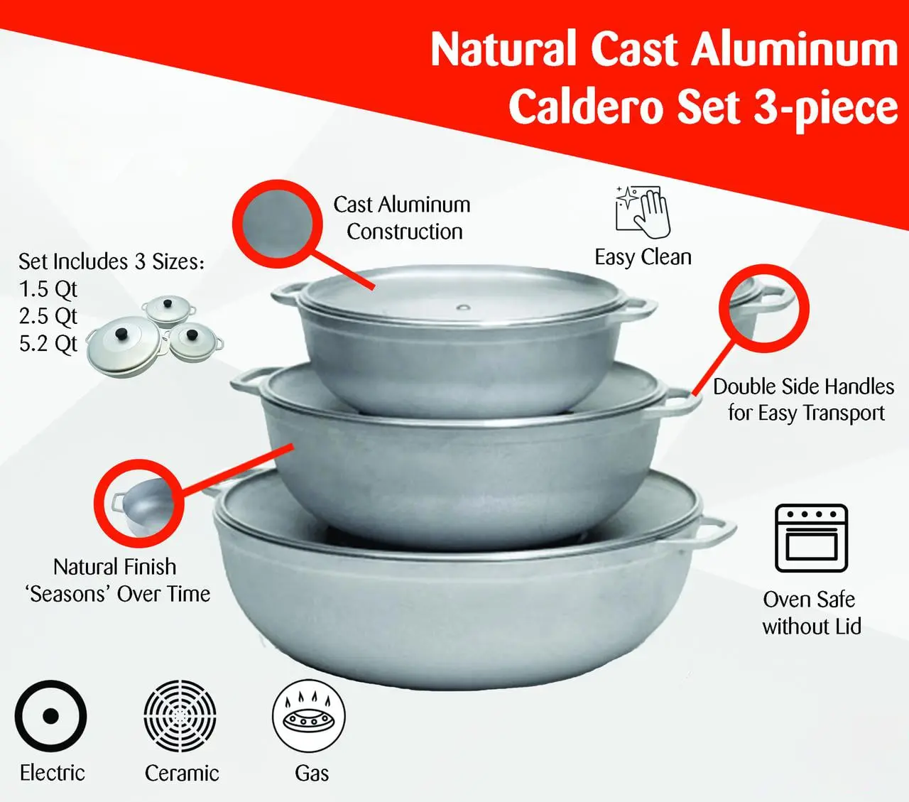 3Pieces Colombian Cast Aluminum or Dutch Oven Set with Lid
