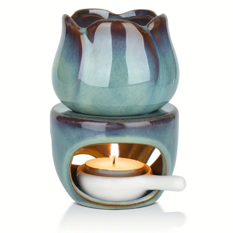 1Set Tulip-Shaped Ceramic Aromatherapy Diffuser and Candle Holder Set, Creative Essential Oil Burner with Wax Melt Warmer Household Items Home Fragrances Blue Freshener Scented Perfume, Essential Oil Diffusers For Home, Aroma For Home