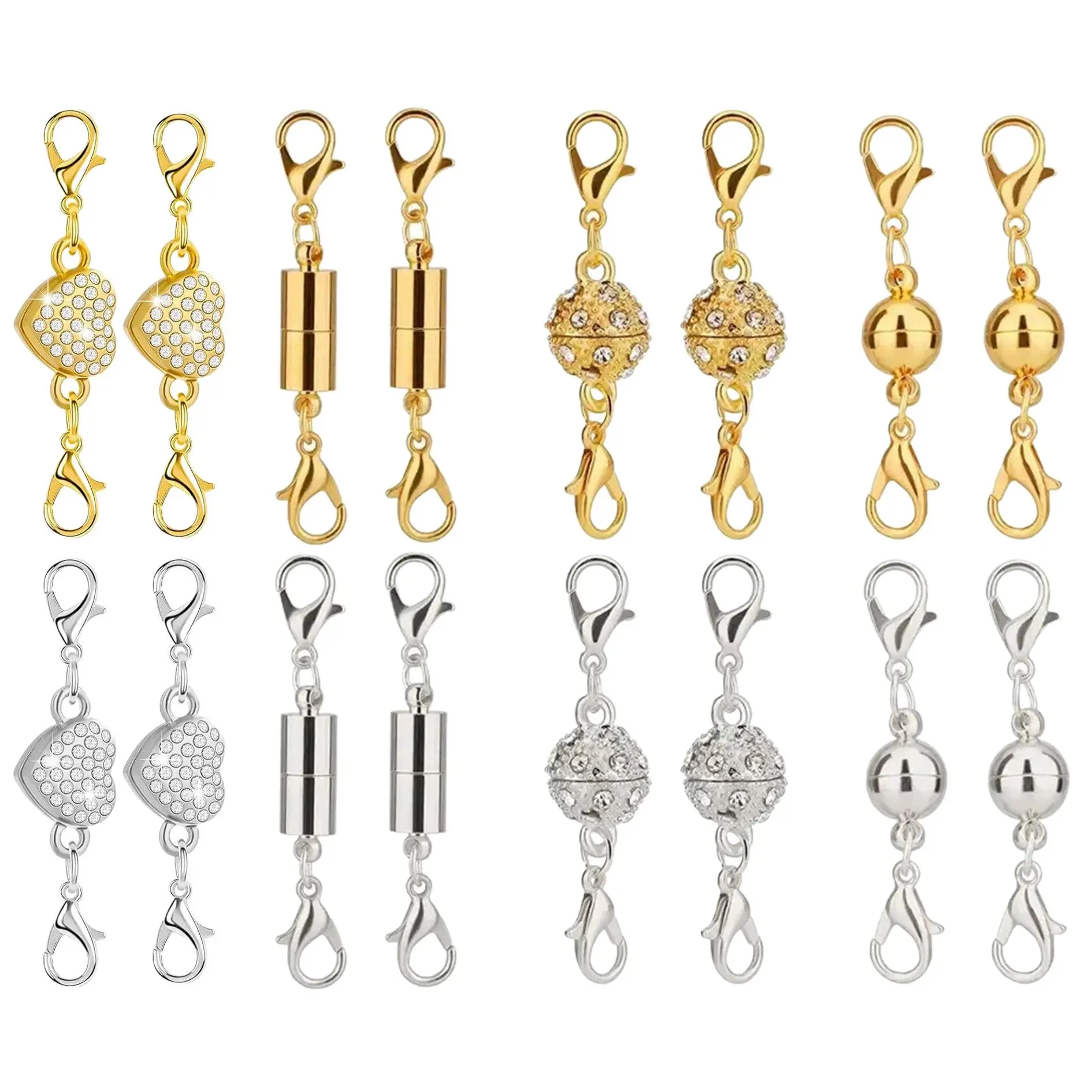 16 Pack Magnetic Necklace Clasps and Closures Necklace Jewelry Extender with Strong Magnet Magnetic Gold and Silver Plating Gift Stainless Steel Charm