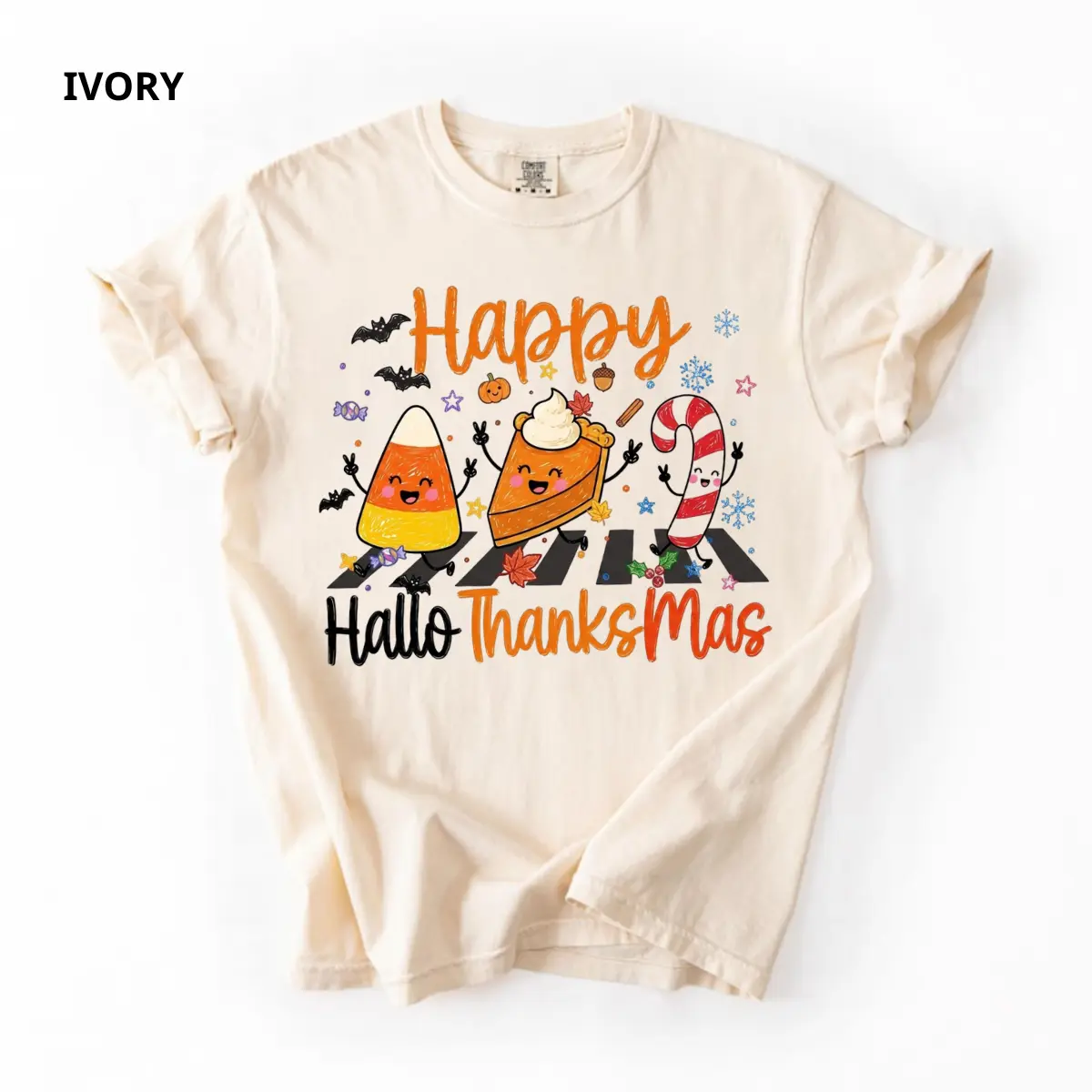 Comfort Colors Hallothanksmas Shirt, Cute Holiday Doodle Graphic Tee, Halloween Thanksgiving Christmas T-Shirt, Festive Fall Winter Gift