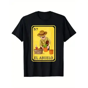 Summer t Shirts Men's Spanish-Mexican Style Funny Graphic T-Shirt, 100%25 Cotton, Black Crew Neck with "El Abuelo" Print