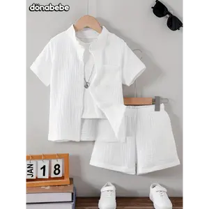 Boys' Solid Color Summer Fashion New Stand Collar Single-Breasted Shirt with Pocket Casual Breathable Comfort Short Sleeve Shorts Set, Perfect for Outdoor