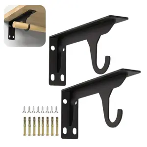 2PCS Heavy Duty Metal Shelf Brackets with Hooks, Wall Mounted Triangle Shelf Support Brackets for Closet Rods, Wardrobe Shelves, Curtain Rods & Storage Shelving