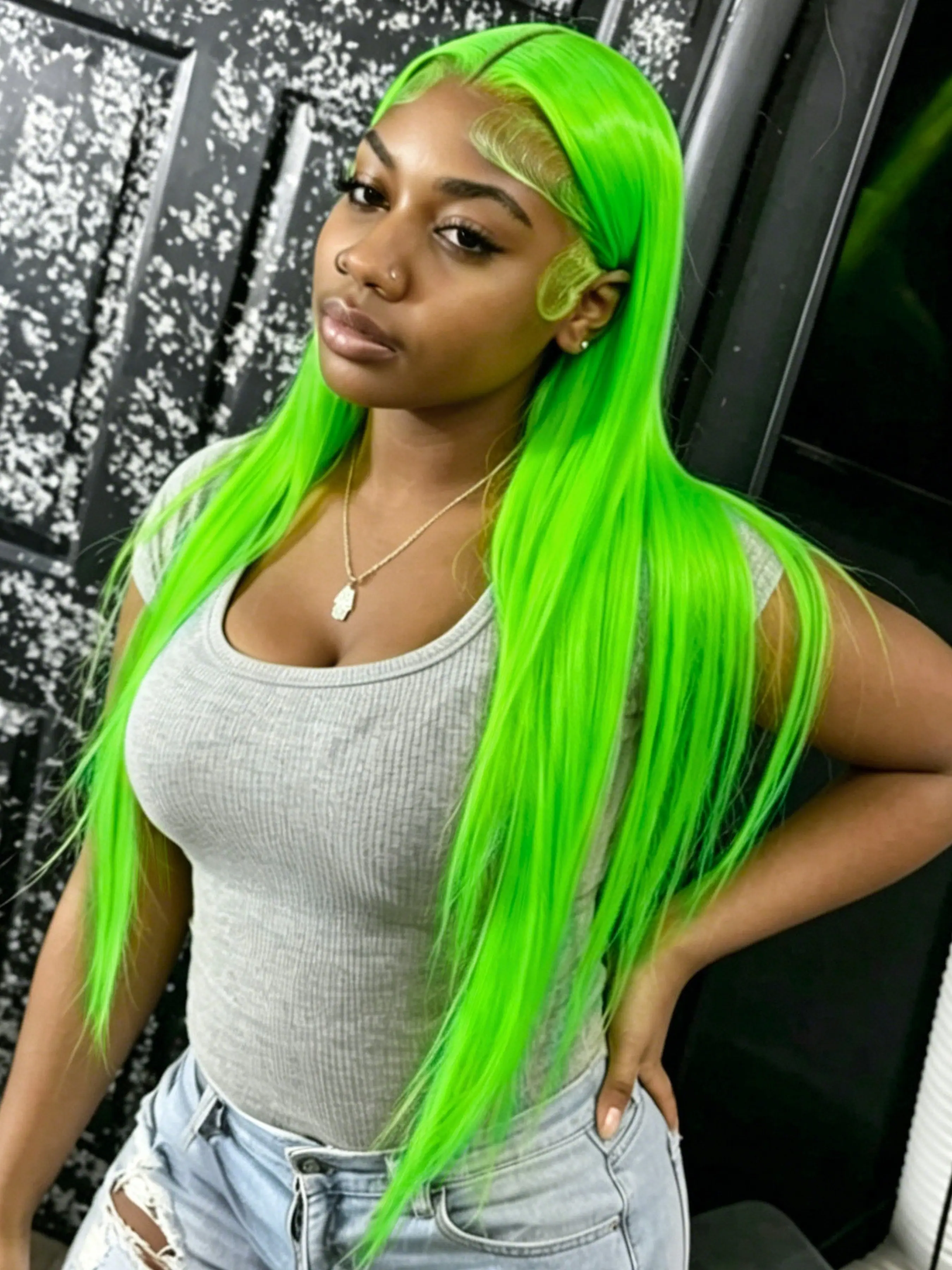 Green Long Silky Straight Wig Neon Green Lace Front Wigs 13x4 HD Transparent Lace Frontal Wig Colored Long Straight Hair Pre Plucked Natural Hairline Heat Resistant Synthetic Fiber, Premium Synthetic Hair, Synthetic Smooth Wig, Cosplay Party Wigs 28 Inch