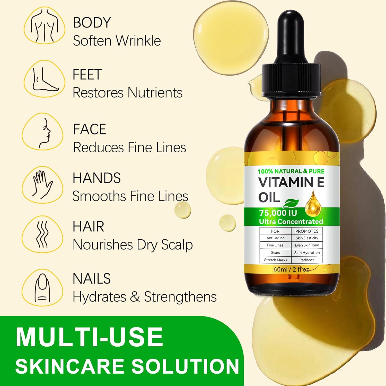 Pure Vitamin E Oil 75,000 IU Multiuse Oil - Unscented Body Care, Face+Body Use Moisture, Skin Repair for Dry Skin, Scars, Nail Care, 2 fl oz