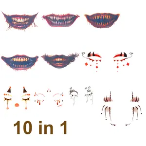 10 Pcs Halloween Joker Face Temporary Tattoo Stickers - Bloodmouth Clown Makeup Decals - Disposable Party Accessories