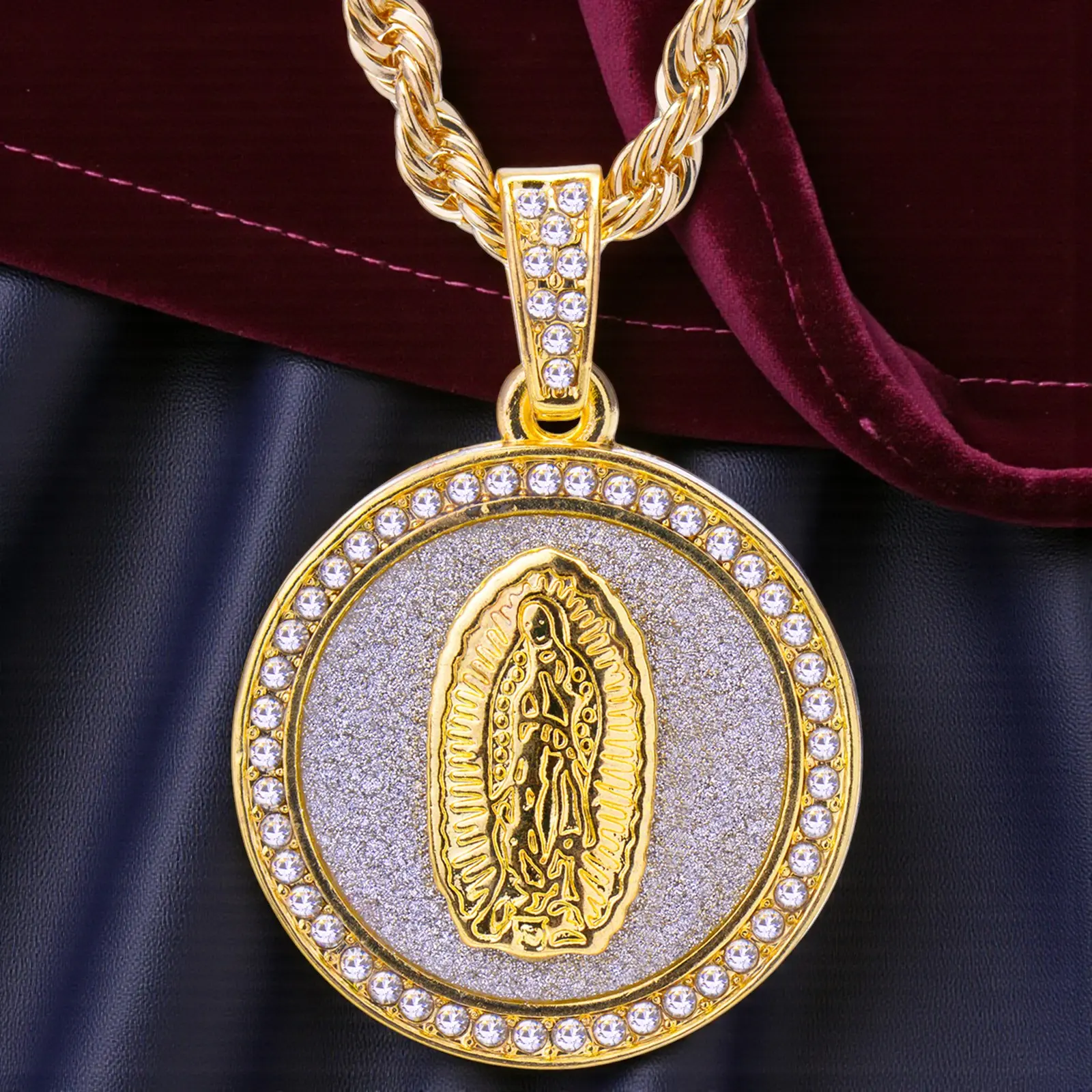 MaxBling81 Unisex Iced CZ Guadalupe Mother Mary Religious Medal Pendant Chain Jewelry Necklace, 4mm Link, Multi-Size Long Rope Chain (18in, 20in, 24in), Hip-Hop Daily Fashion Accessory, Chain Jewelry Necklaces