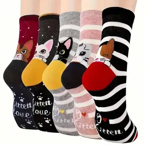 Cute Cat Cartoon Ankle Socks for Women, Fun Mid-Calf Socks with 3D Ears Design, Trendy Fashion Socks for Daily Wear