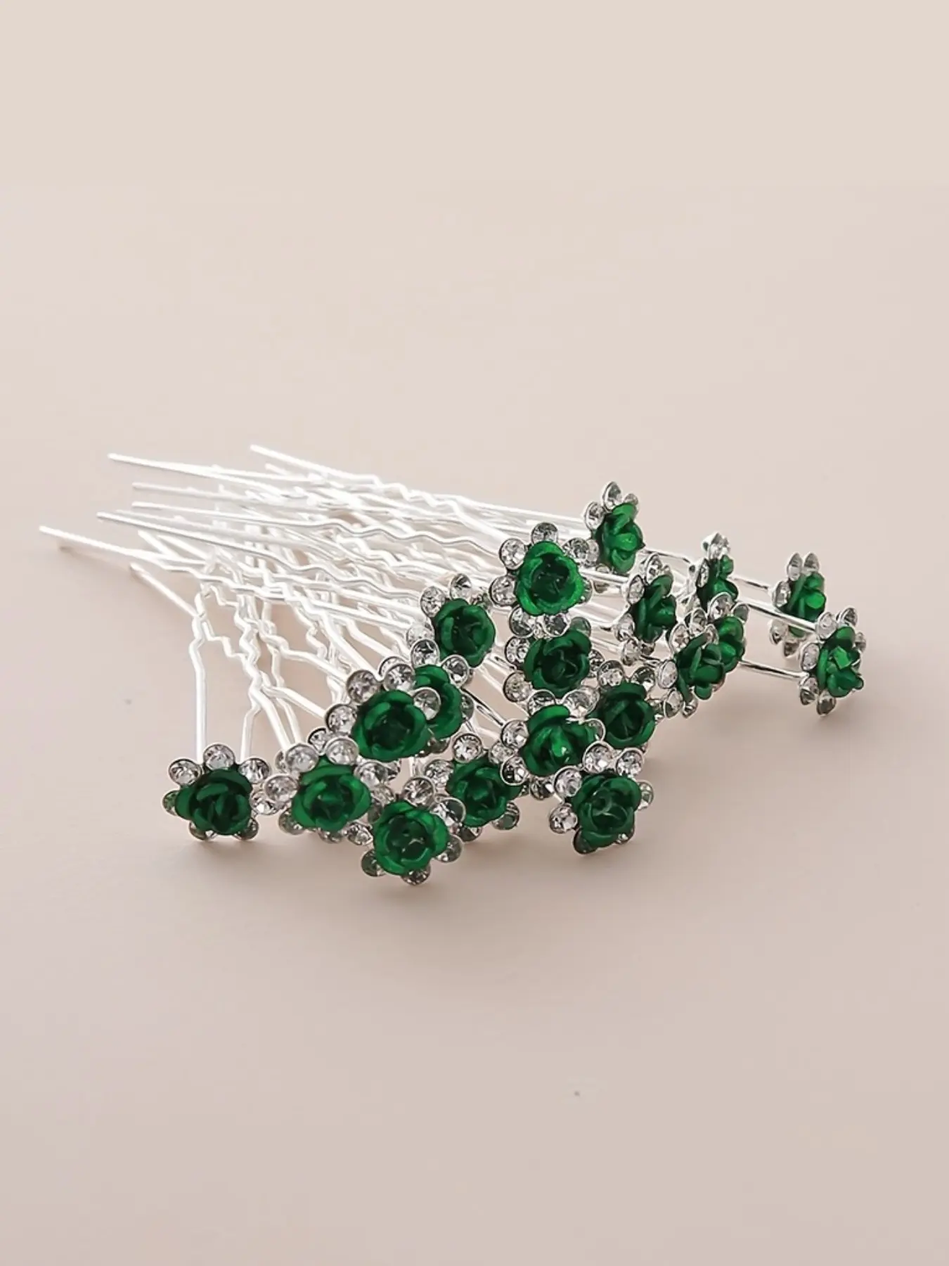 20-piece set of green rose hairpins, crafted from alloy with rhinestone embellishments, hair forks and pins for updos, Hair bun accessories
