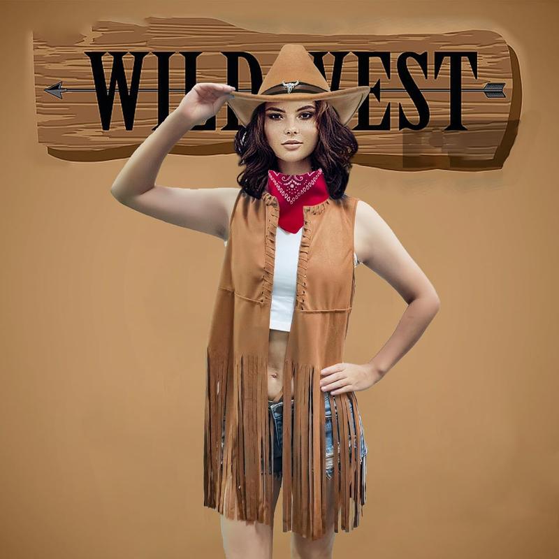 Western Cowgirl Outfits for Women Cowgirl Fringe Vest Cowboy Hat Necklace Bandana,70s Hippie Costume for Halloween